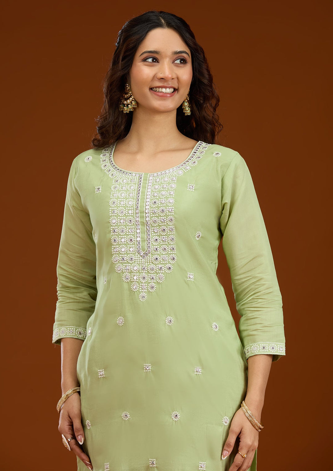 Pista Green Threadwork Semi Crepe Readymade Salwar Suit-Koskii