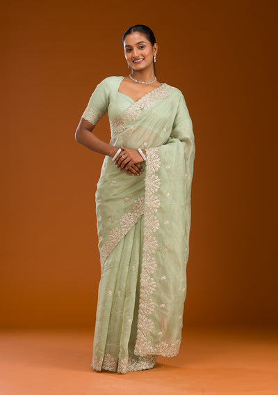 Pista Green Threadwork Tissue Saree