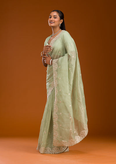 Pista Green Threadwork Tissue Saree