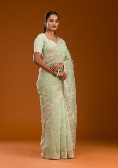 Pista Green Threadwork Tissue Saree