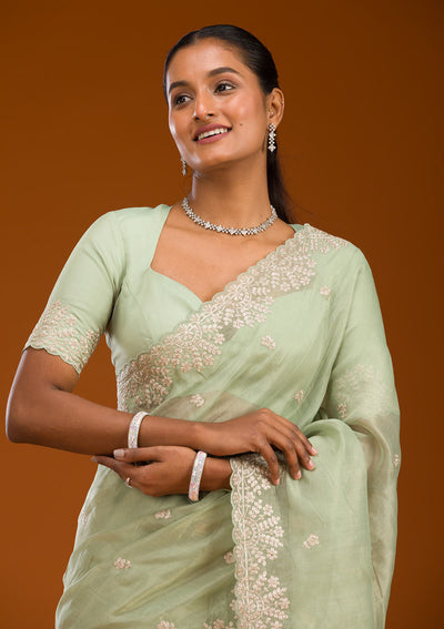 Pista Green Threadwork Tissue Saree