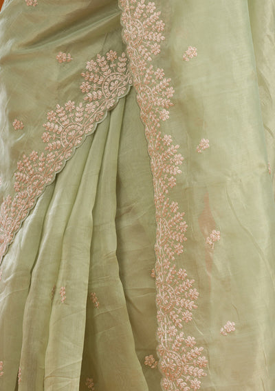 Pista Green Threadwork Tissue Saree