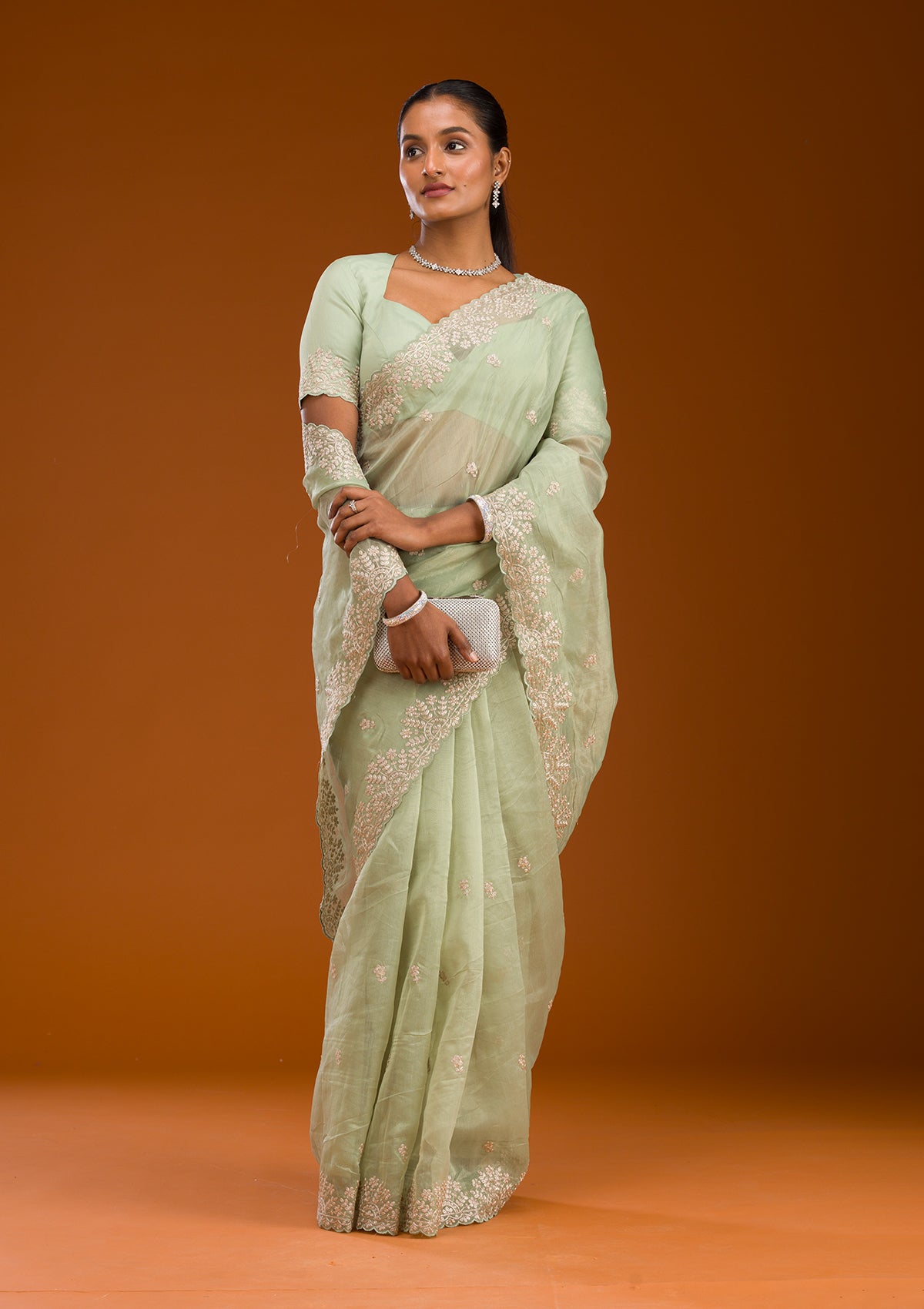 Pista Green Threadwork Tissue Saree