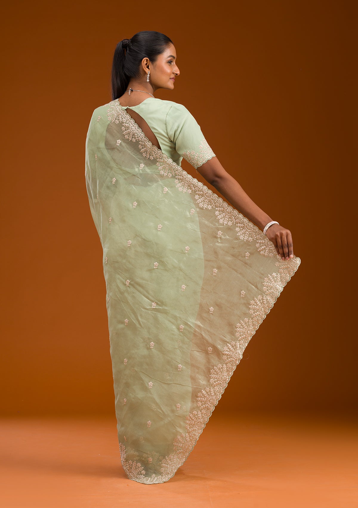 Pista Green Threadwork Tissue Saree