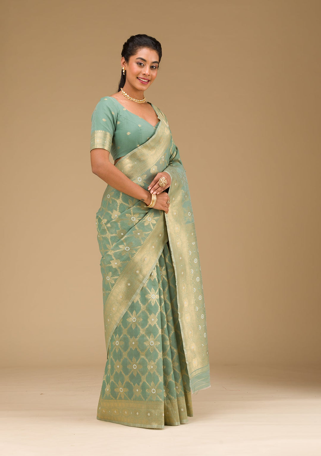 Pista Green Zariwork Art Silk Saree-Koskii