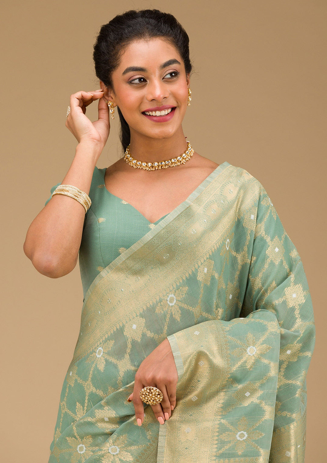 Pista Green Zariwork Art Silk Saree-Koskii