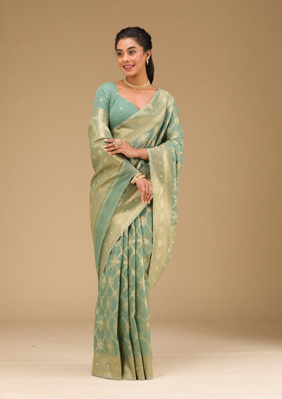 Pista Green Zariwork Art Silk Saree-Koskii