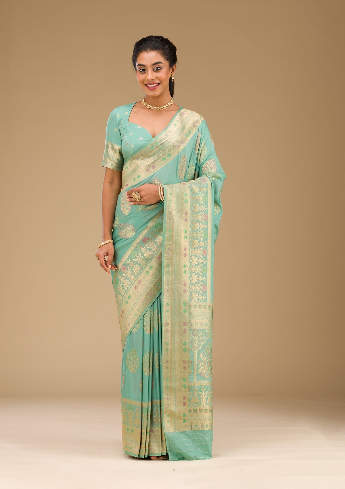 Pista Green Zariwork Art Silk Saree-Koskii