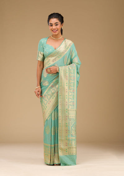 Pista Green Zariwork Art Silk Saree-Koskii