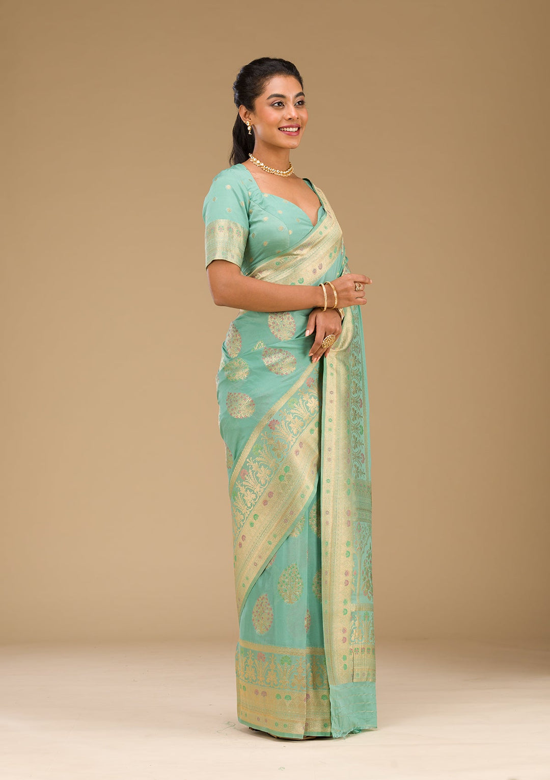 Pista Green Zariwork Art Silk Saree-Koskii
