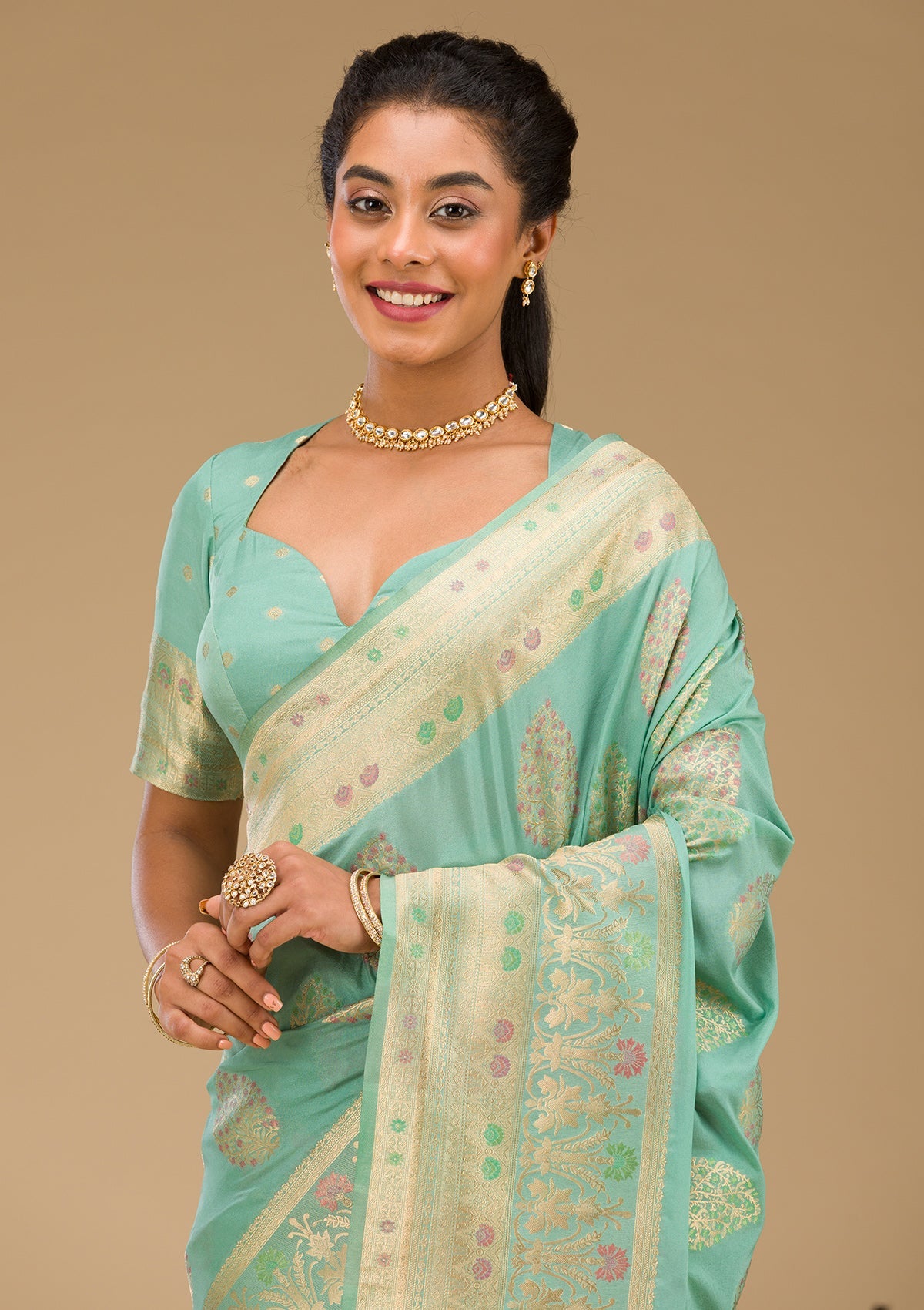 Pista Green Zariwork Art Silk Saree-Koskii