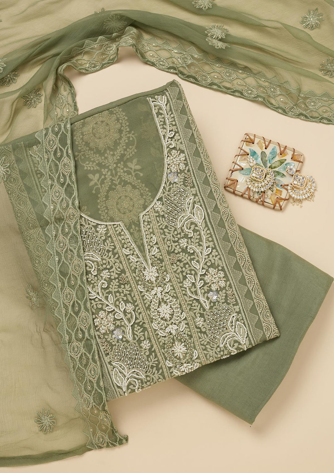 Pista Green Chikankari Georgette Unstitched Salwar Suit-Koskii