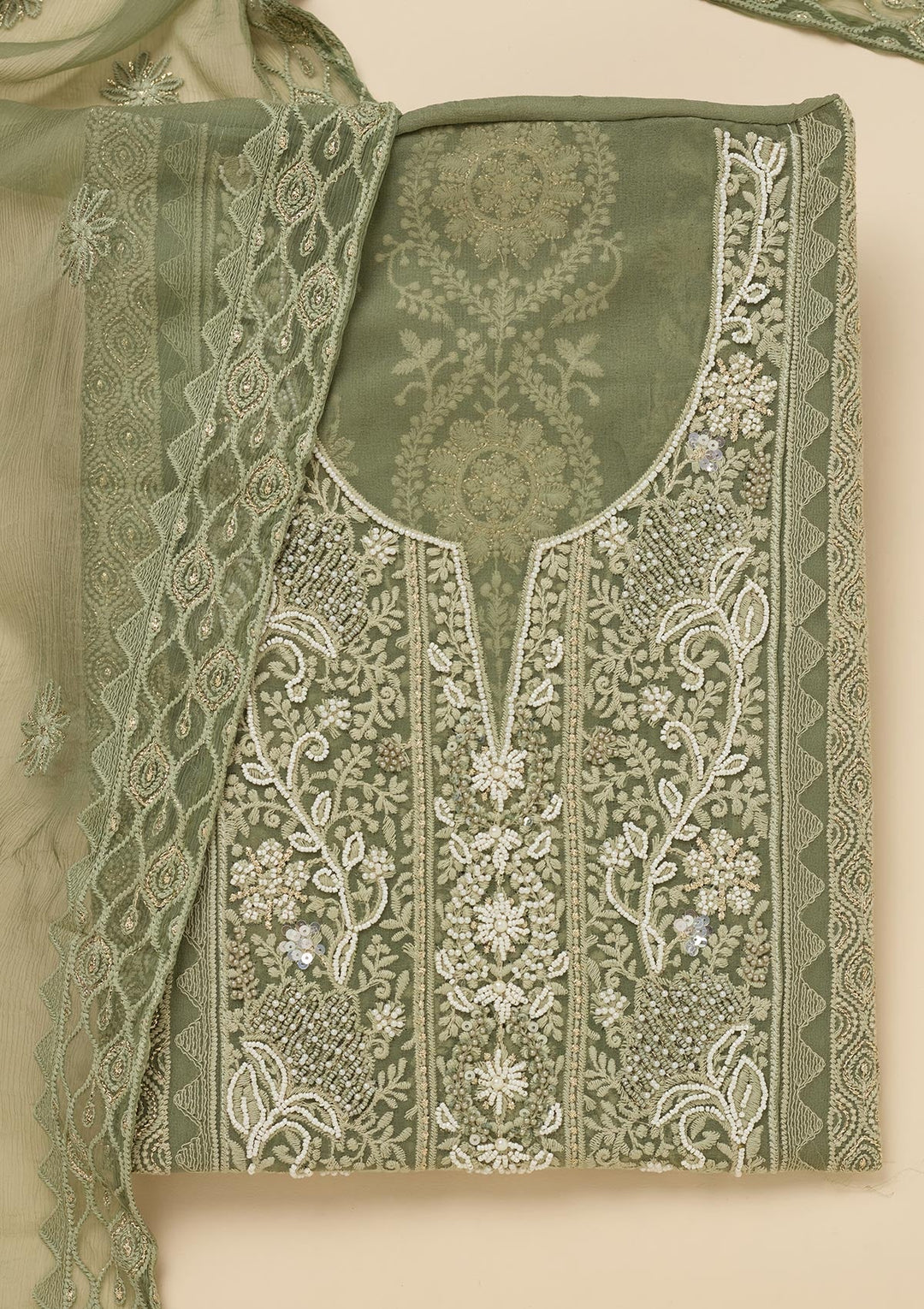 Pista Green Chikankari Georgette Unstitched Salwar Suit-Koskii