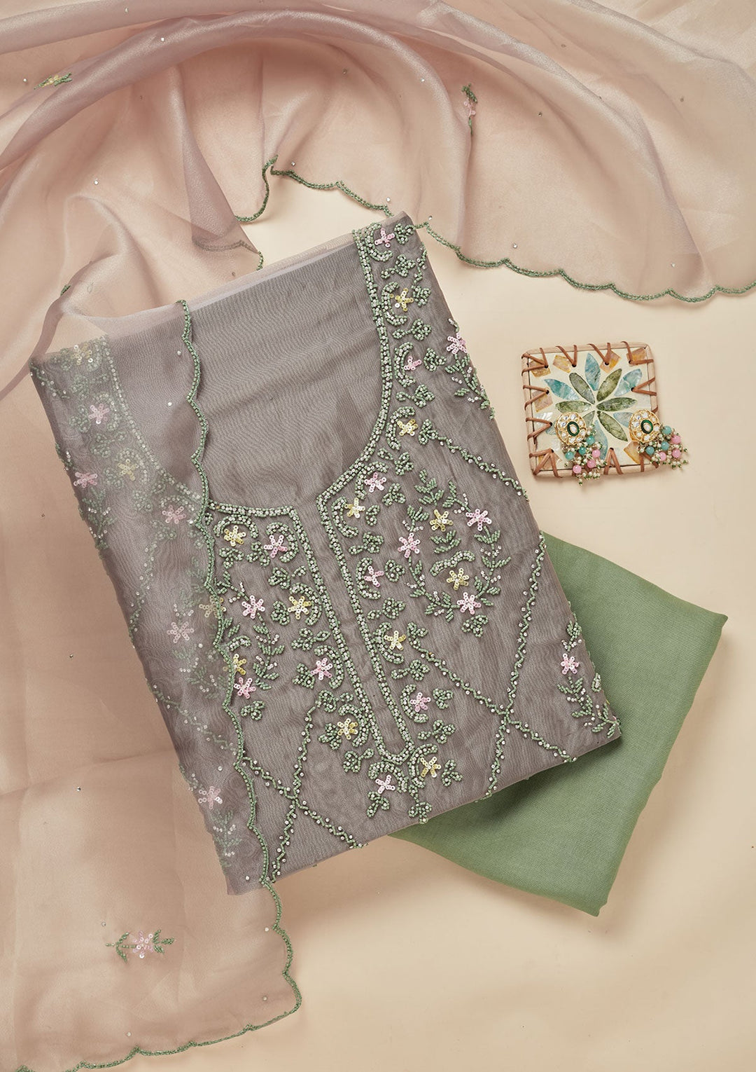 Pista Green Cutdana Georgette Unstitched Salwar Suit-Koskii