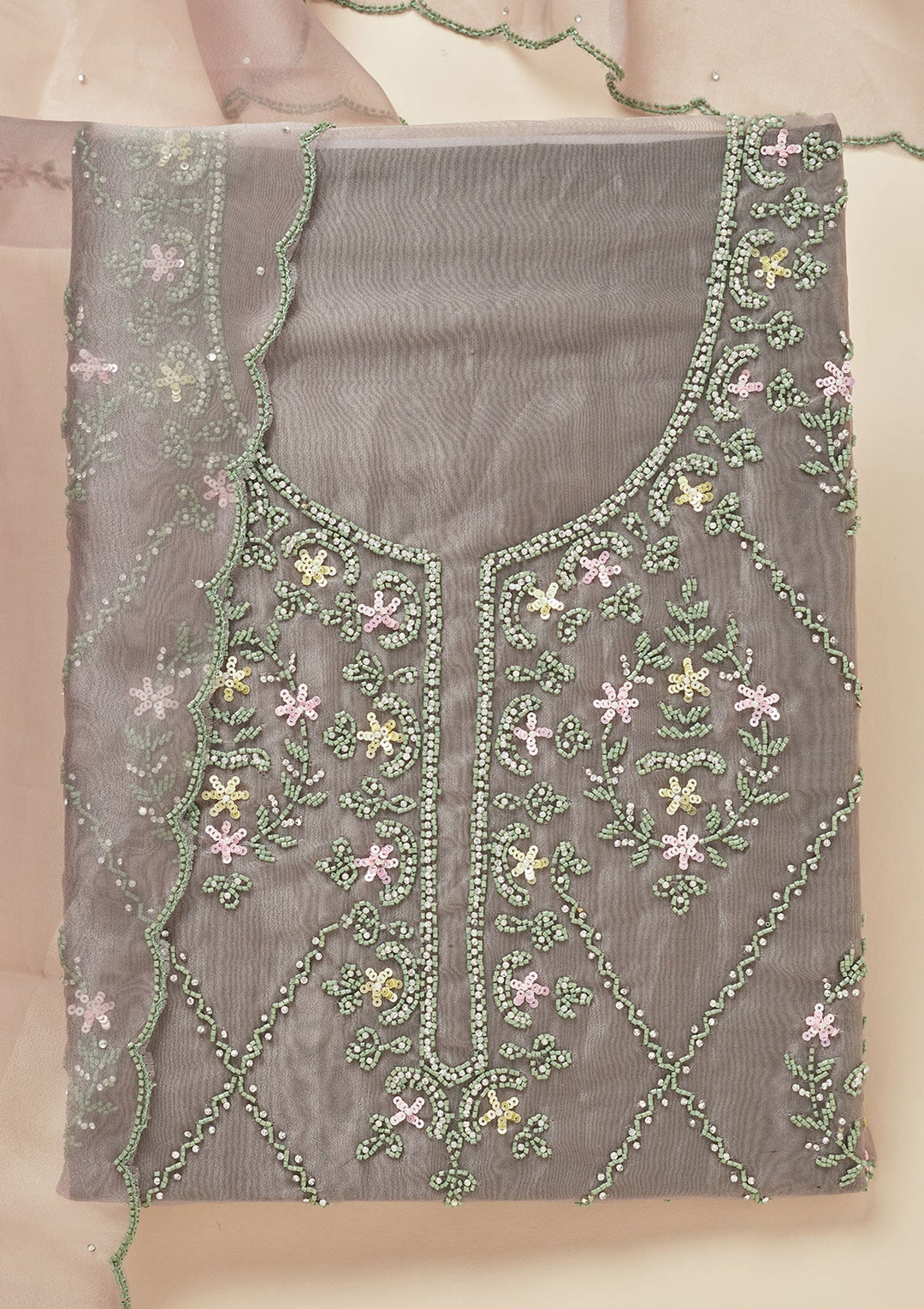 Pista Green Cutdana Georgette Unstitched Salwar Suit-Koskii