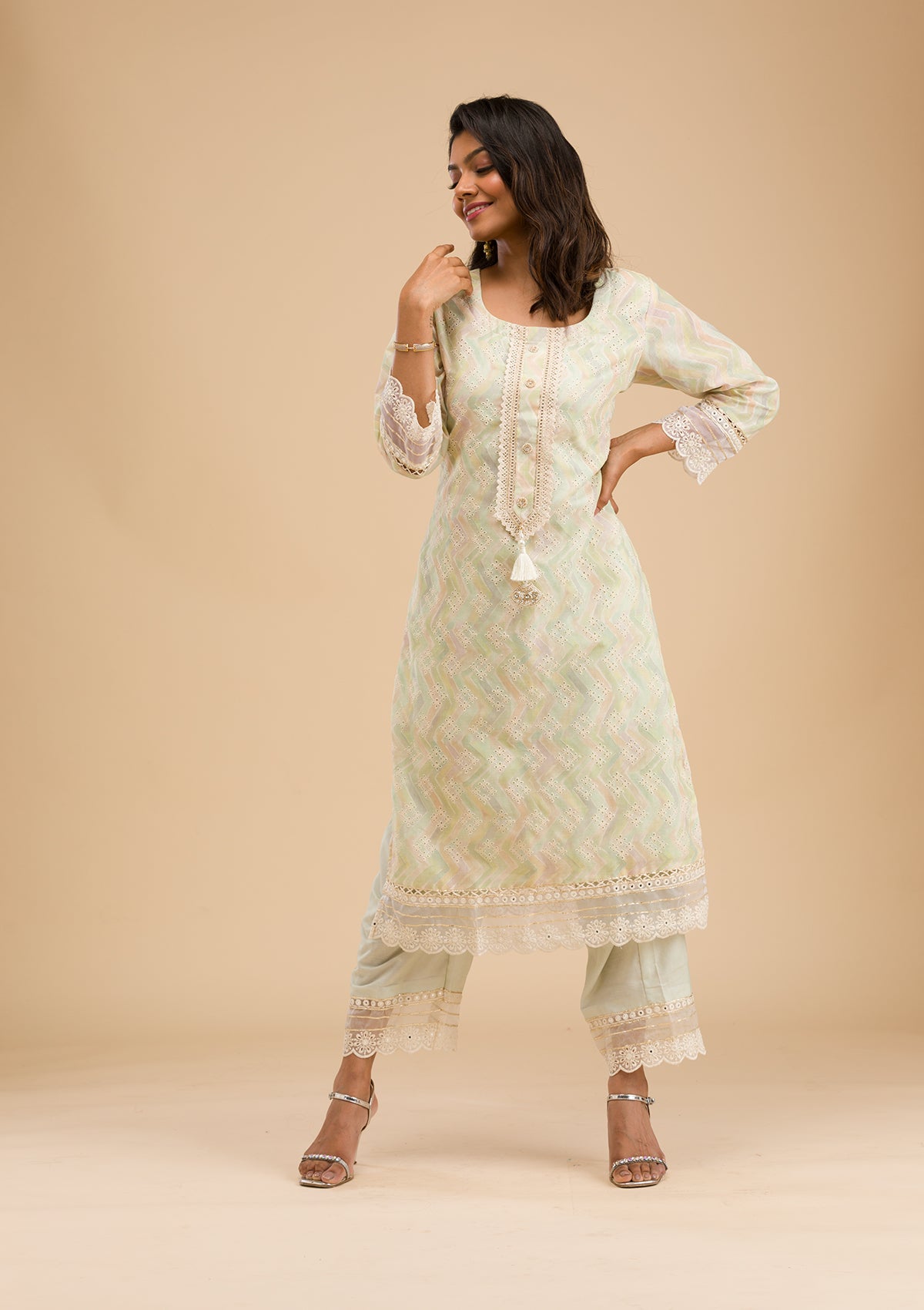 Pista Green Cutwork Cotton Readymade Salwar Kameez-Koskii