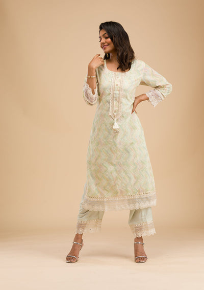 Pista Green Cutwork Cotton Readymade Salwar Kameez-Koskii