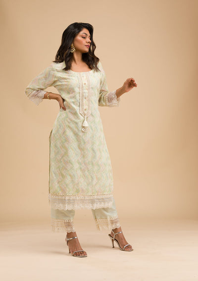 Pista Green Cutwork Cotton Readymade Salwar Kameez-Koskii