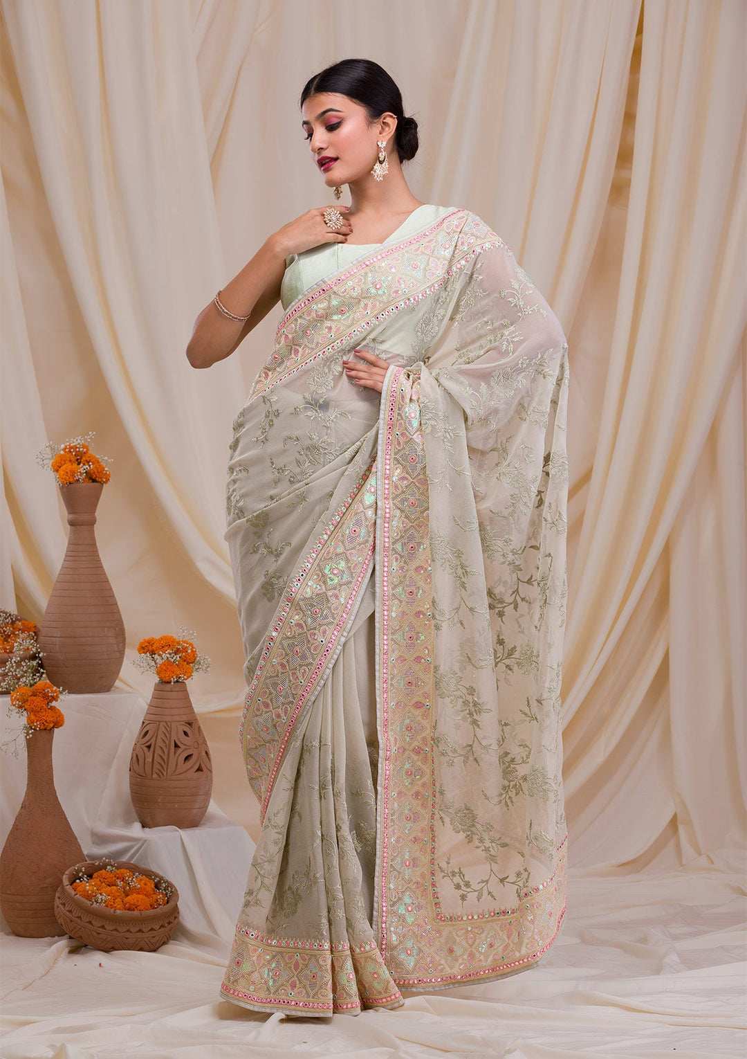 Pista Green Gotapatti Chiffon Saree-Koskii