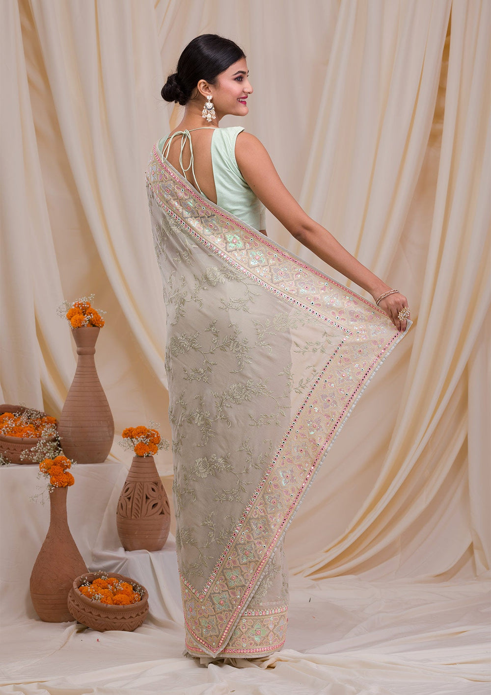 Pista Green Gotapatti Chiffon Saree-Koskii