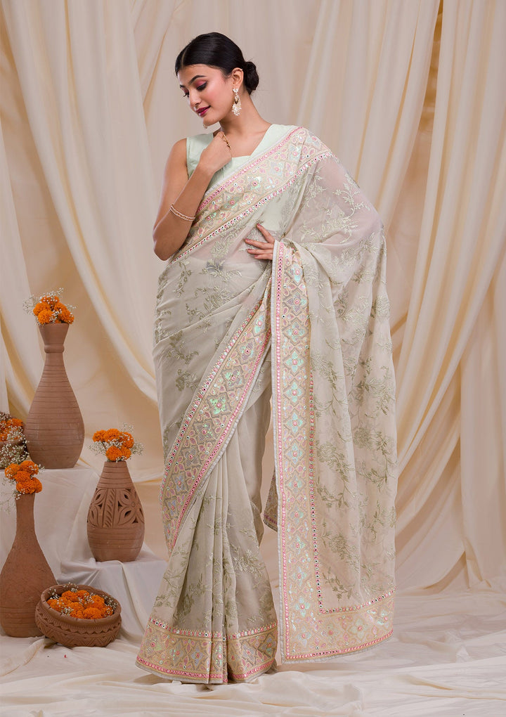 Pista Green Gotapatti Chiffon Saree-Koskii