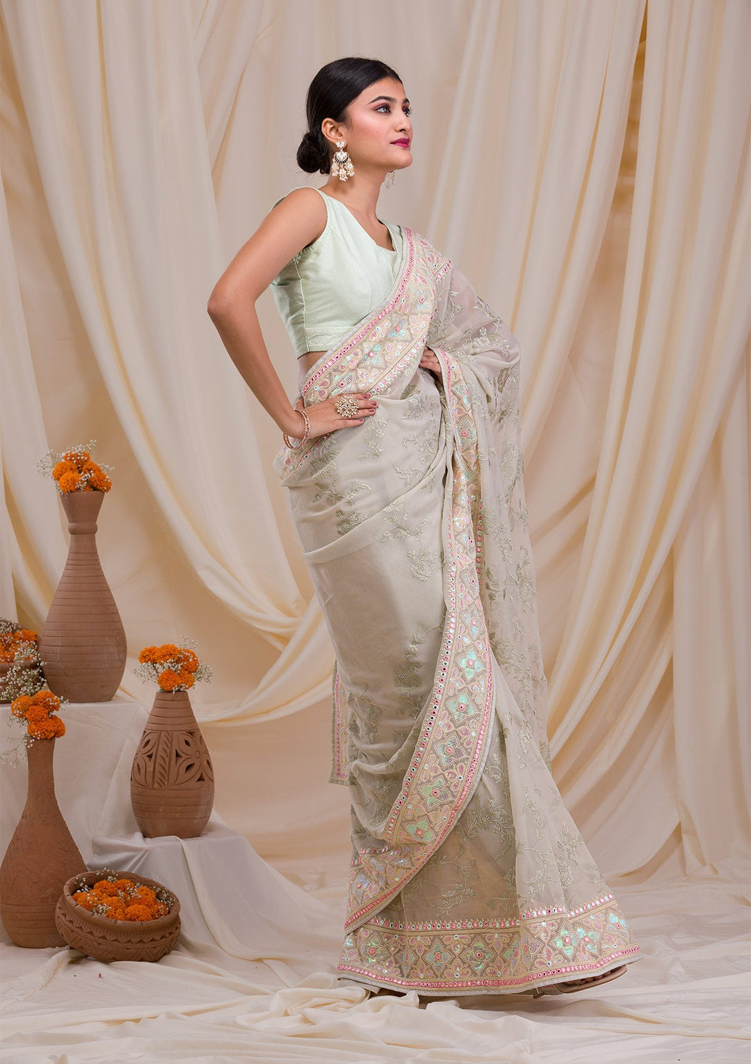 Pista Green Gotapatti Chiffon Saree-Koskii