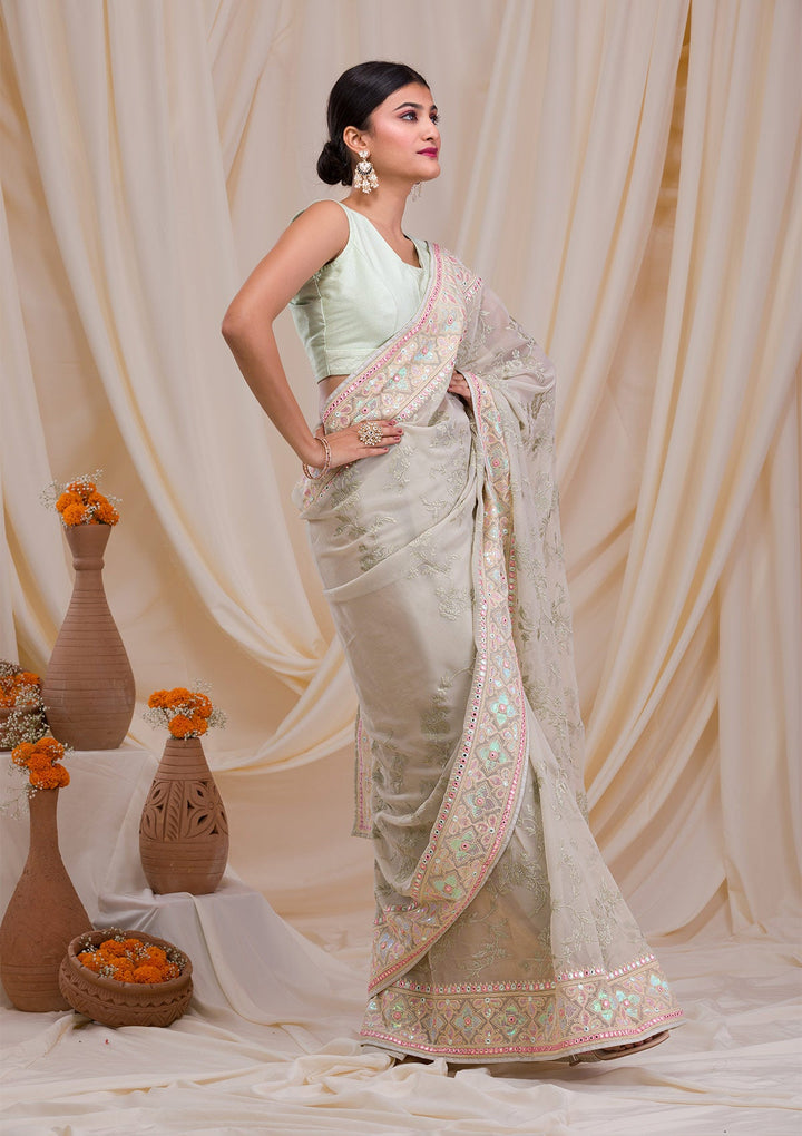 Pista Green Gotapatti Chiffon Saree-Koskii