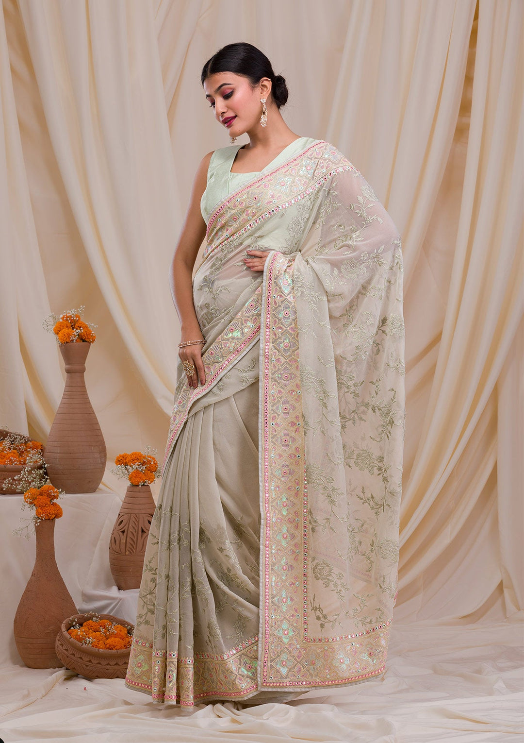 Pista Green Gotapatti Chiffon Saree-Koskii