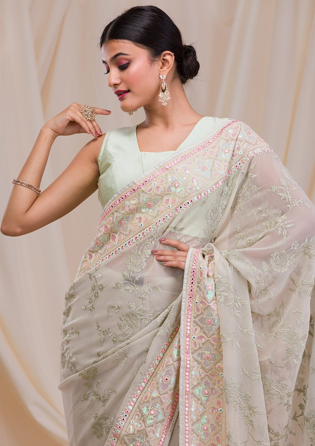 Pista Green Gotapatti Chiffon Saree-Koskii