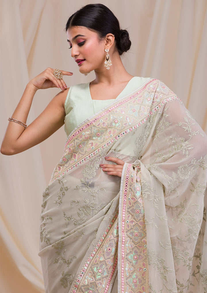 Pista Green Gotapatti Chiffon Saree-Koskii
