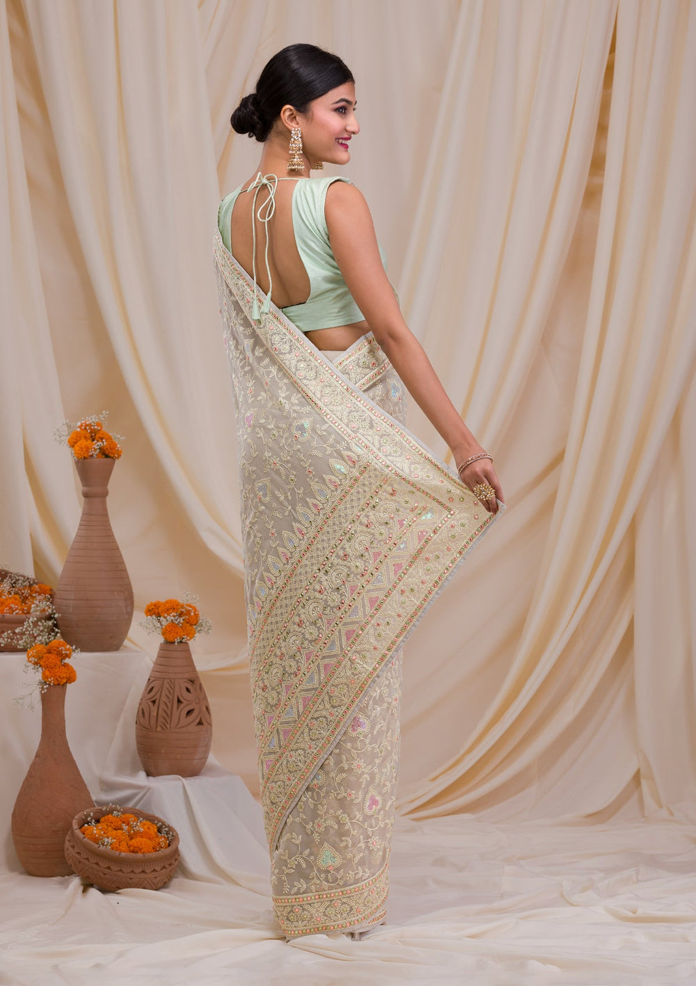 Pista Green Gotapatti Chiffon Saree-Koskii
