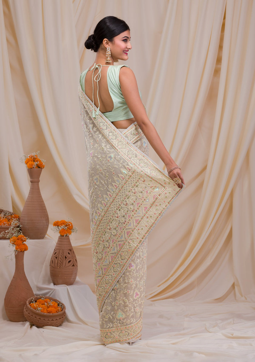 Pista Green Gotapatti Chiffon Saree-Koskii