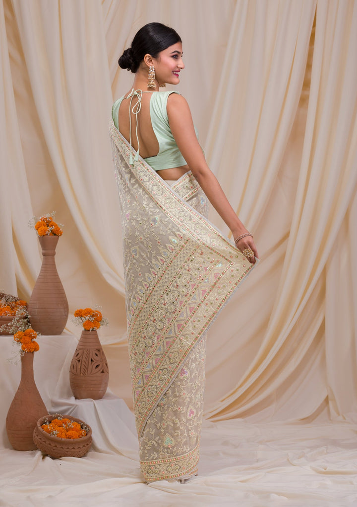 Pista Green Gotapatti Chiffon Saree-Koskii
