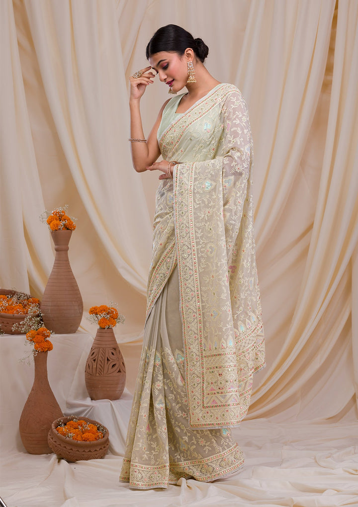 Pista Green Gotapatti Chiffon Saree-Koskii