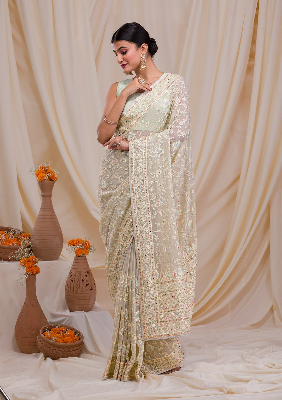 Pista Green Gotapatti Chiffon Saree-Koskii