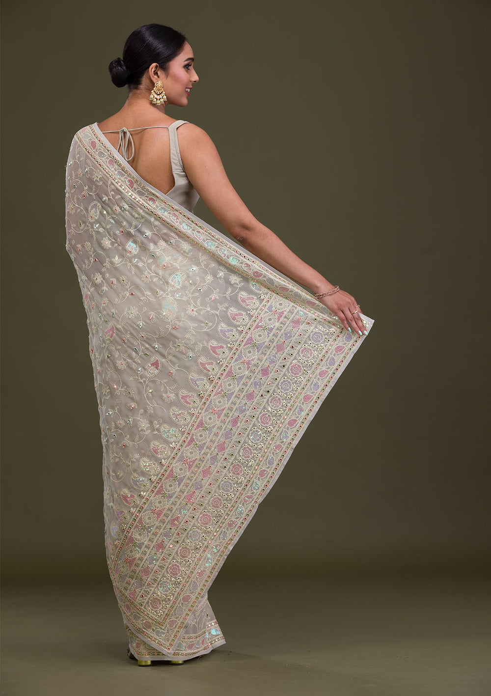 Pista Green Gotapatti Chiffon Saree-Koskii