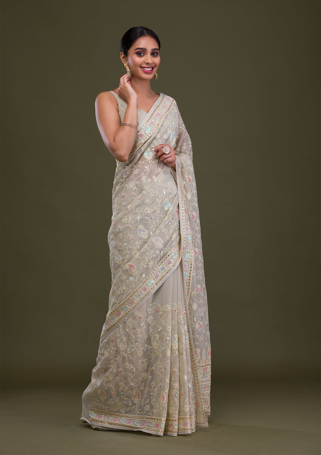 Pista Green Gotapatti Chiffon Saree-Koskii