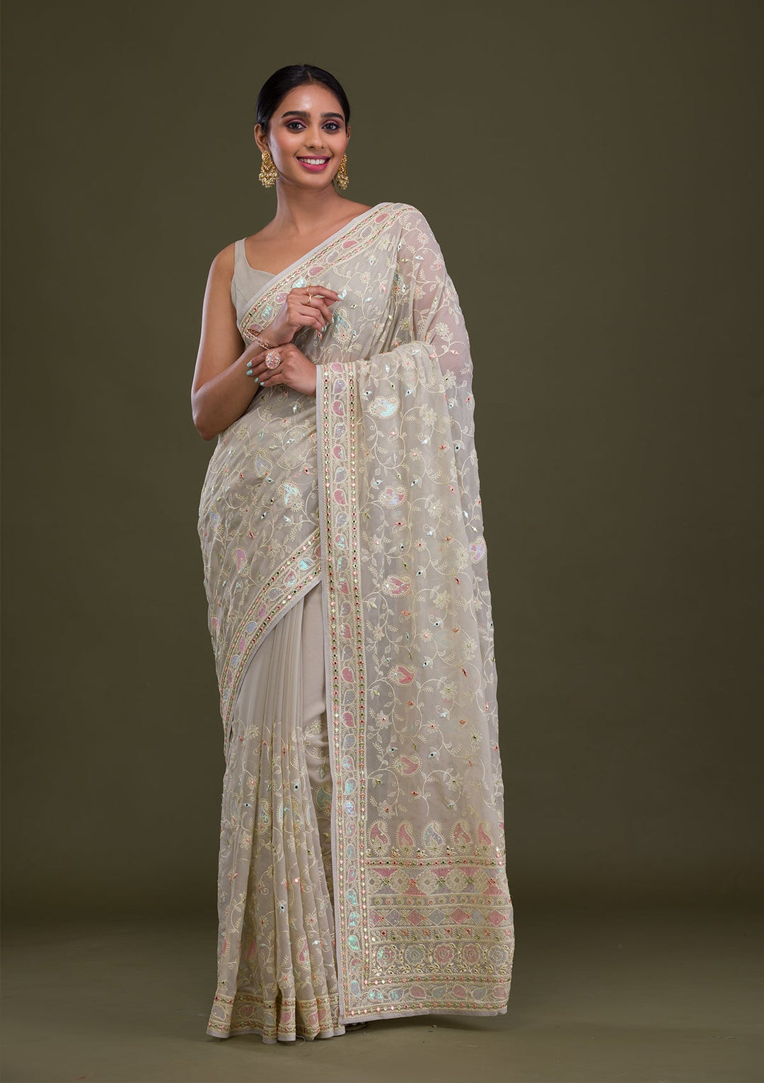 Pista Green Gotapatti Chiffon Saree-Koskii