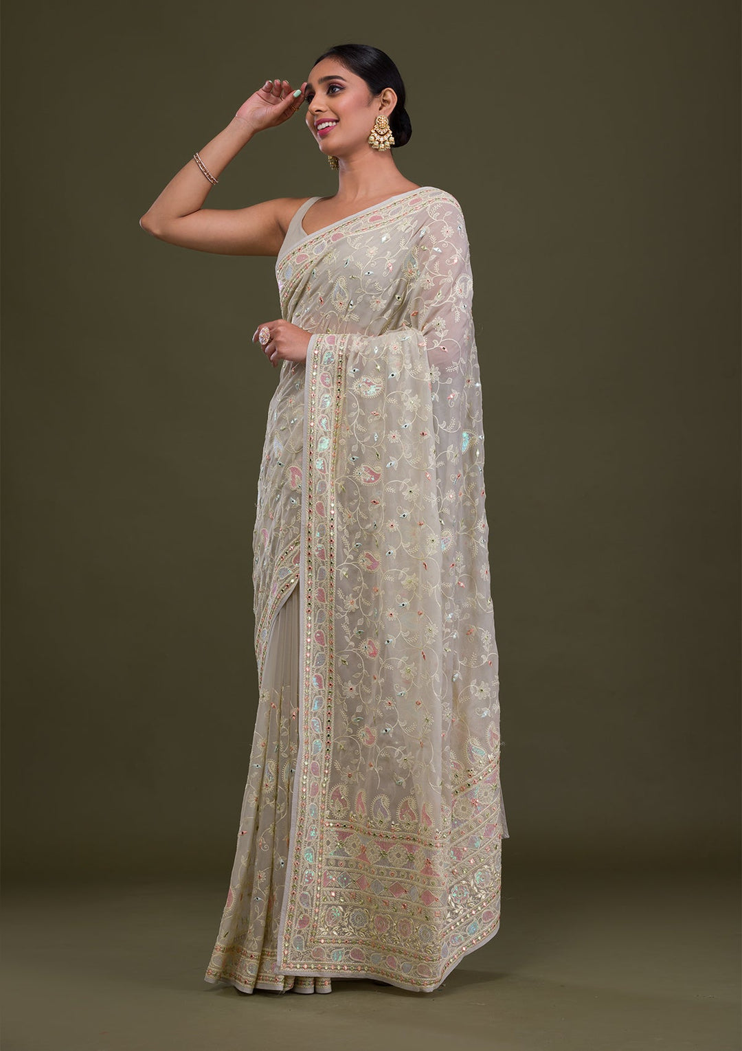 Pista Green Gotapatti Chiffon Saree-Koskii