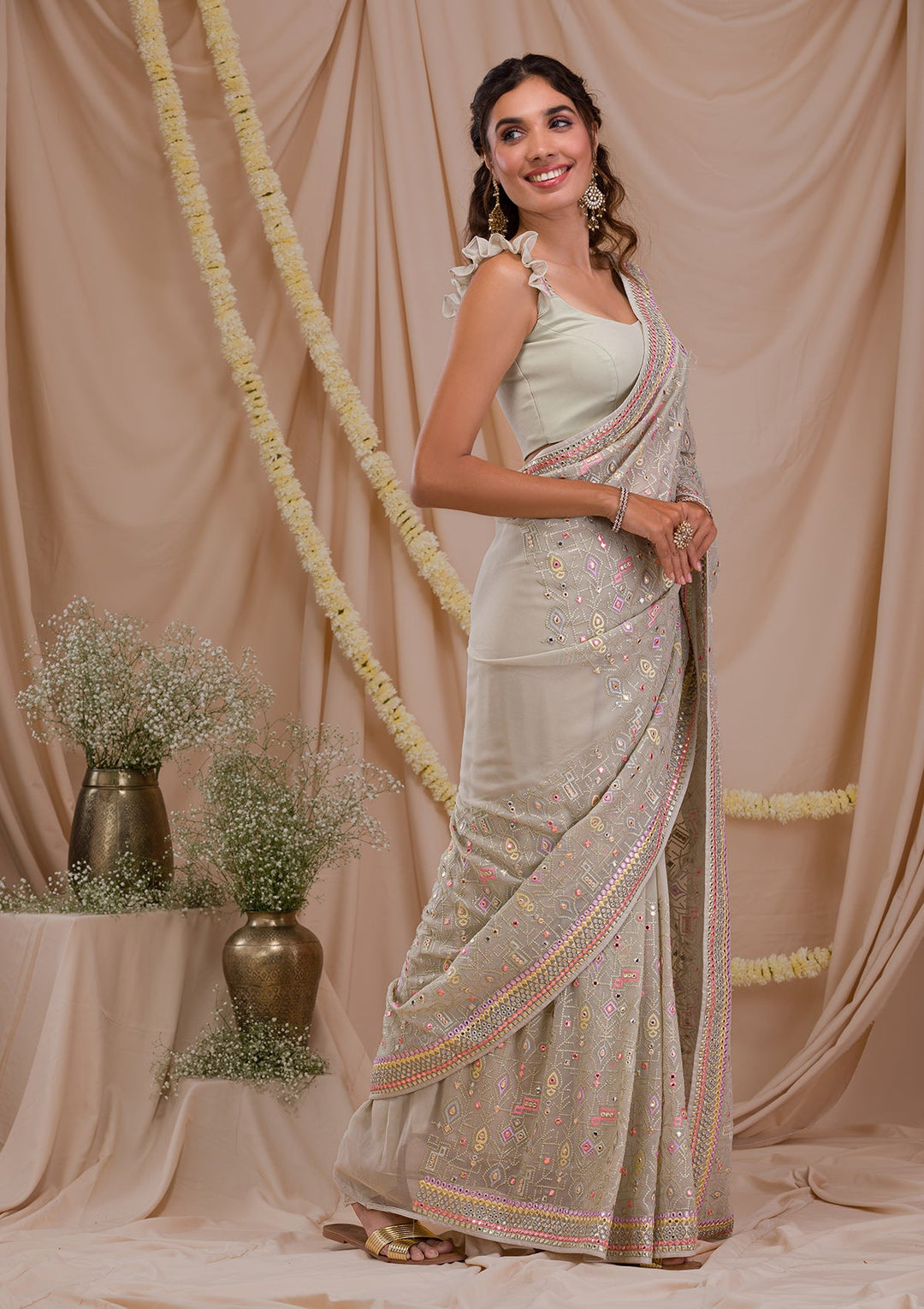 Pista Green Gotapatti Geogette Saree-Koskii