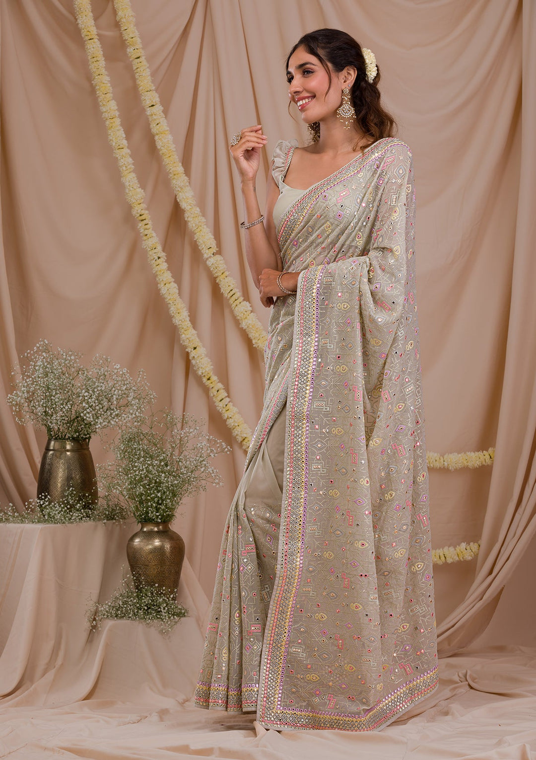 Pista Green Gotapatti Geogette Saree-Koskii