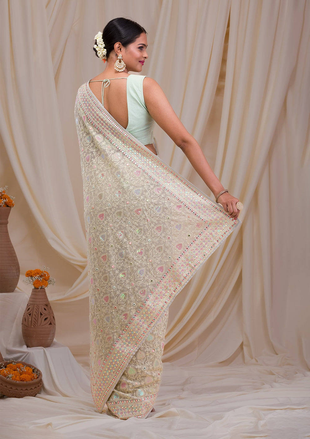 Pista Green Gotapatti Georgette Saree-Koskii