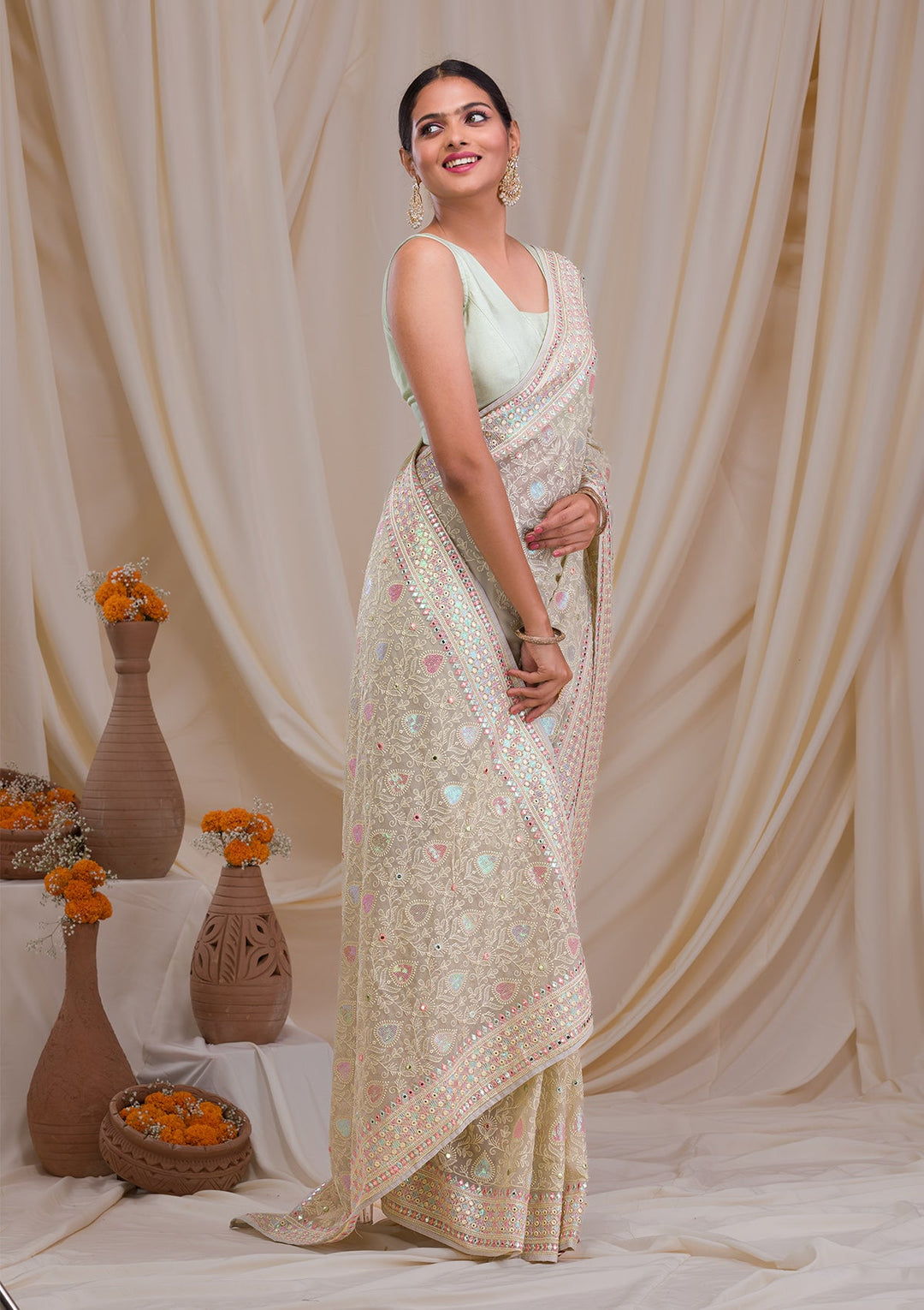 Pista Green Gotapatti Georgette Saree-Koskii
