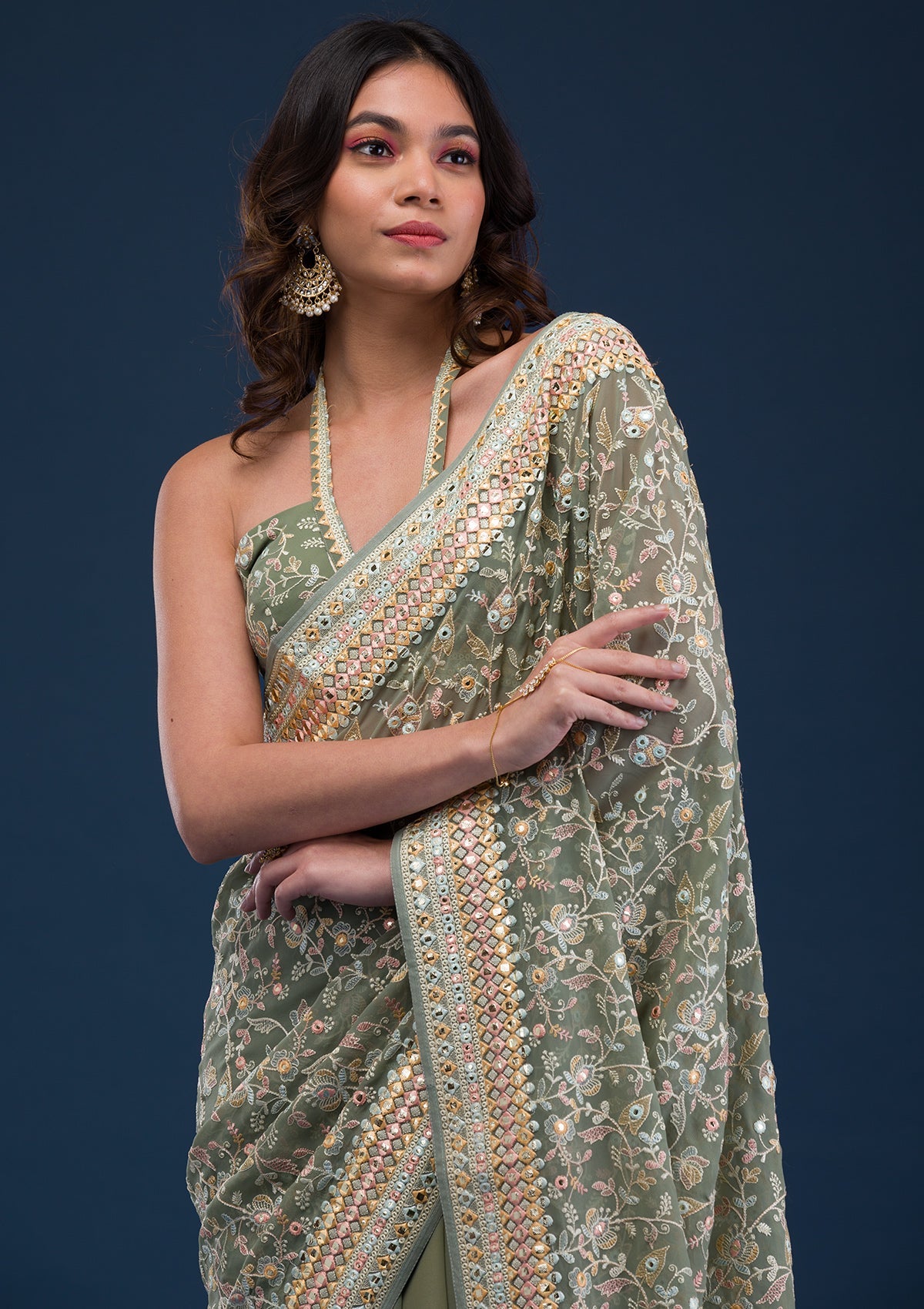 Pista Green Gotapatti Georgette Saree-Koskii