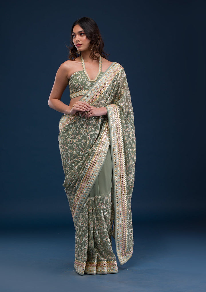 Pista Green Gotapatti Georgette Saree-Koskii
