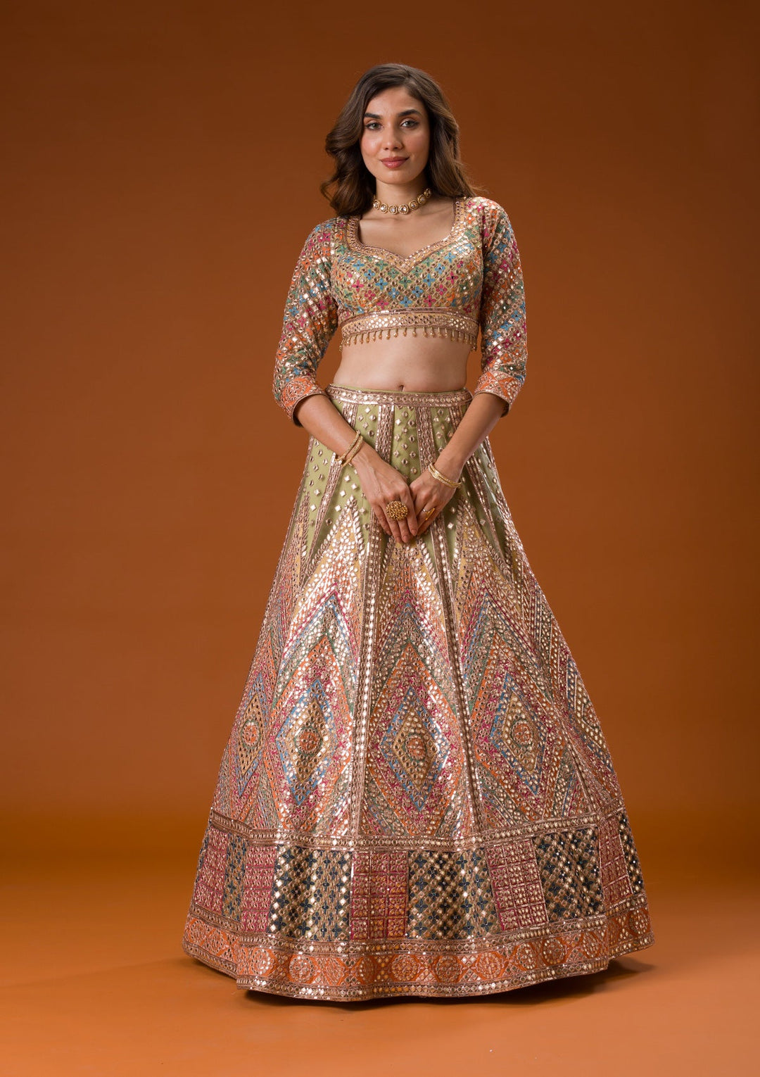 Pista Green Gotapatti Net Readymade Lehenga-Koskii