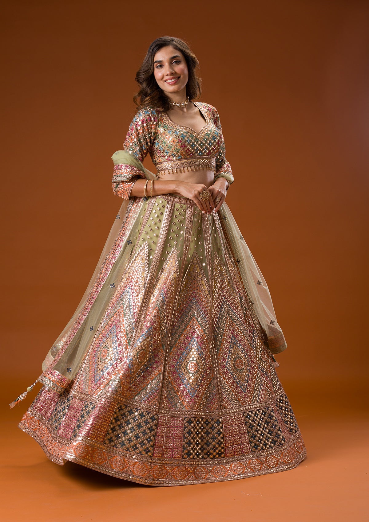 Pista Green Gotapatti Net Readymade Lehenga-Koskii