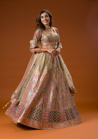 Pista Green Gotapatti Net Readymade Lehenga-Koskii