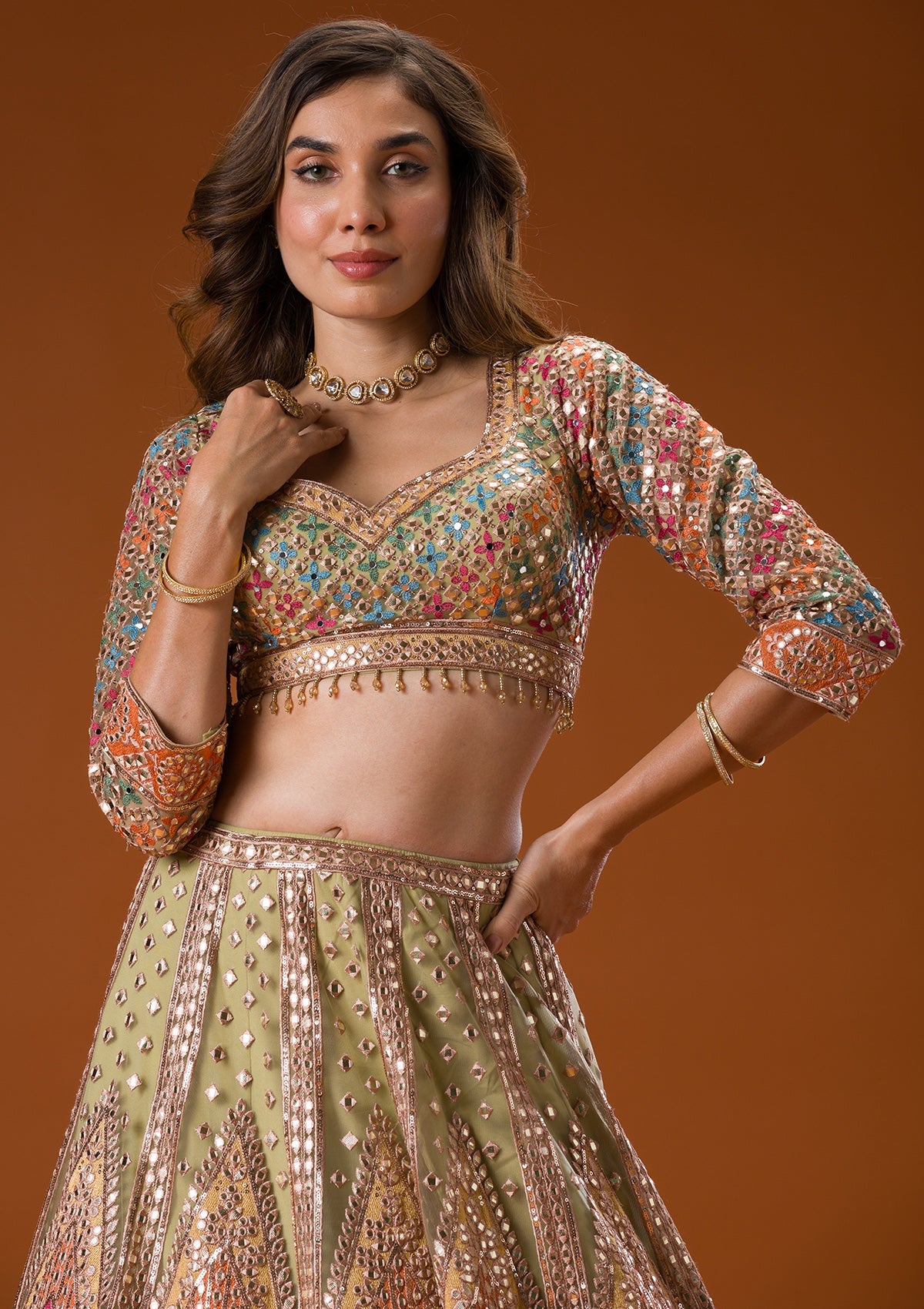 Pista Green Gotapatti Net Readymade Lehenga-Koskii