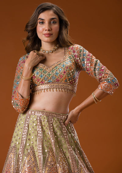 Pista Green Gotapatti Net Readymade Lehenga-Koskii